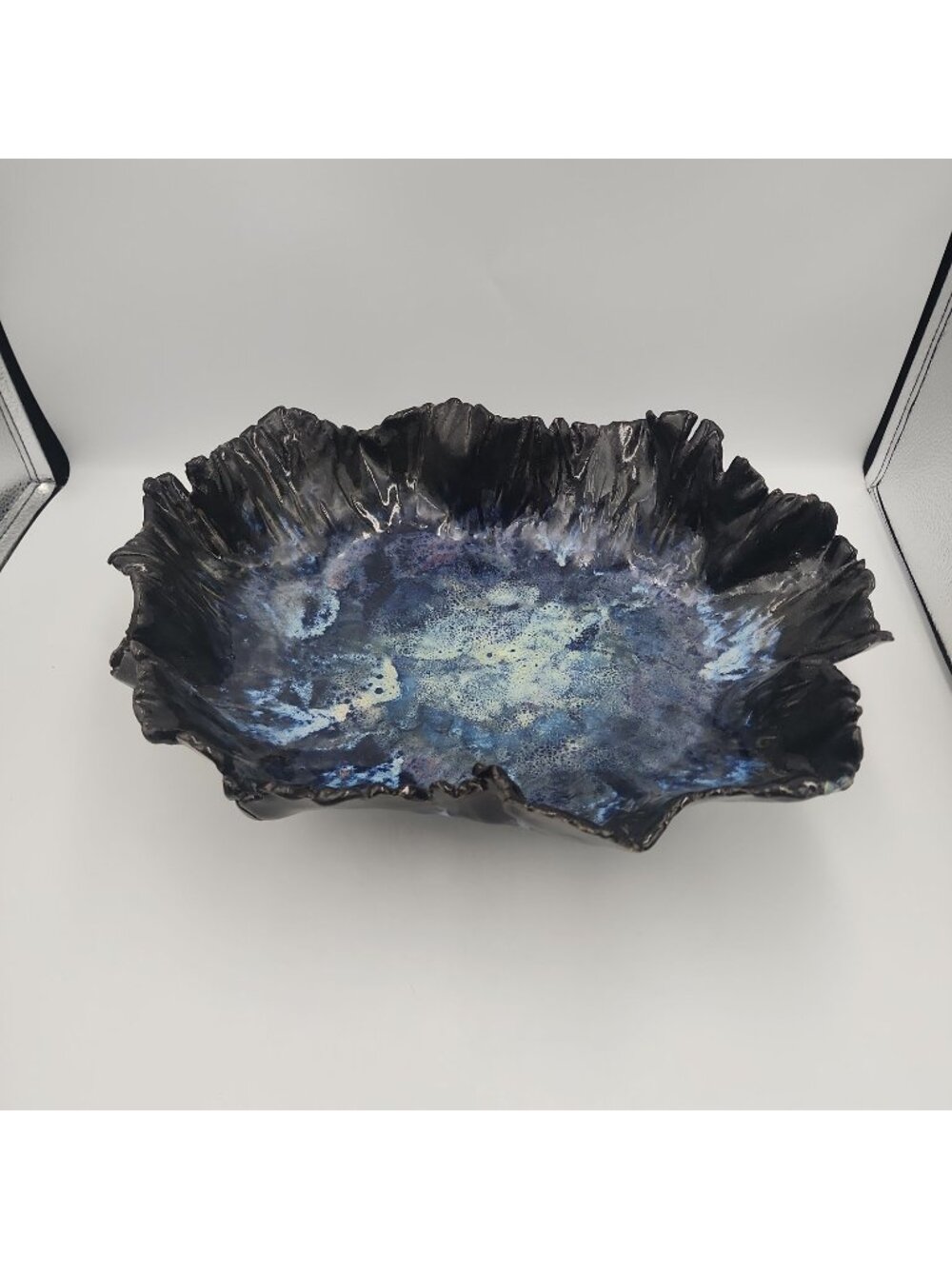 Studio Pottery One Of A Kind Ruffle Trinket Bowl Dish Signed 15 X12" Blue Black